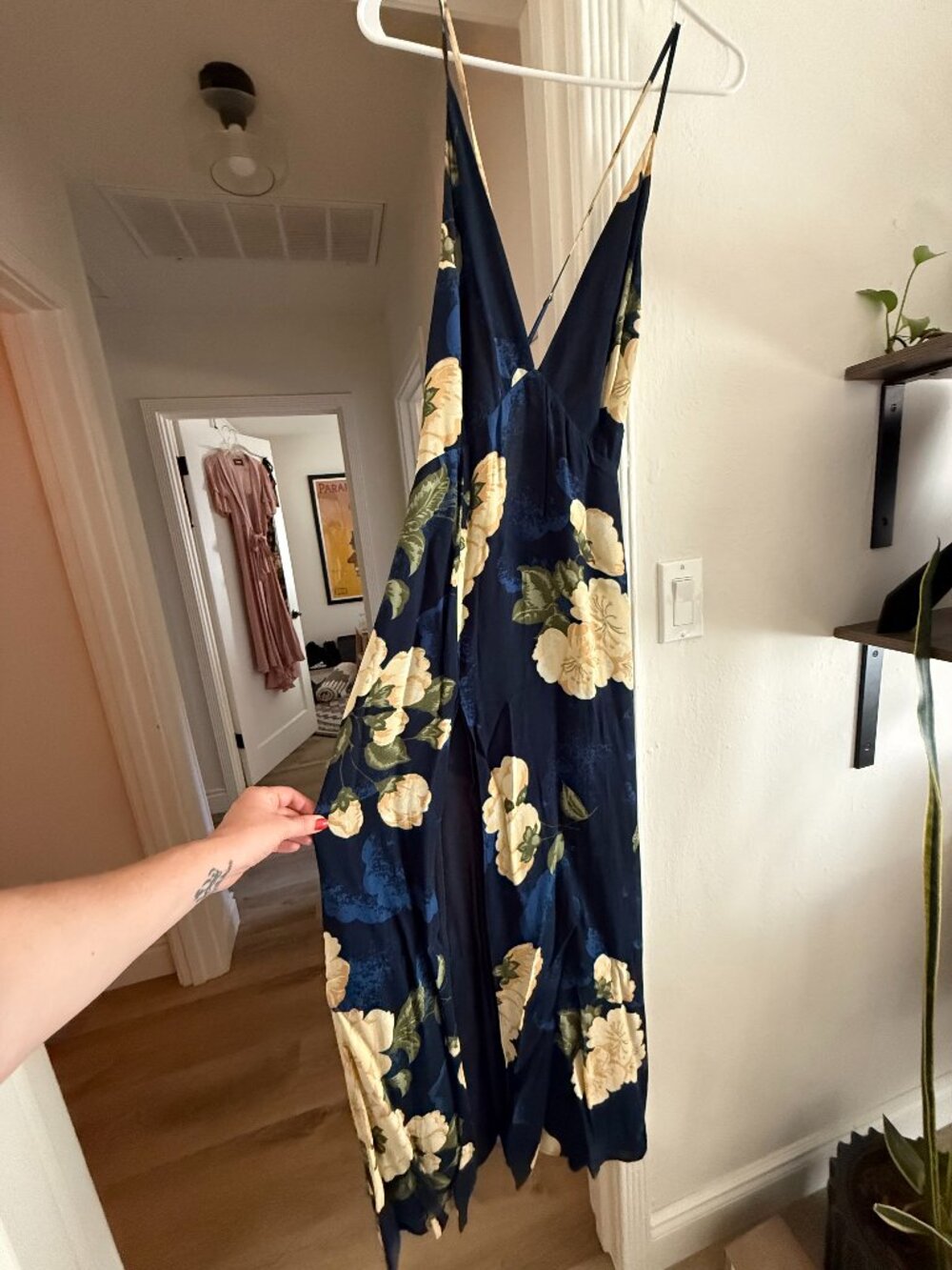 Reformation, Navy Blue Floral V-Neck Slip Maxi Dress with High Slit - Size Small